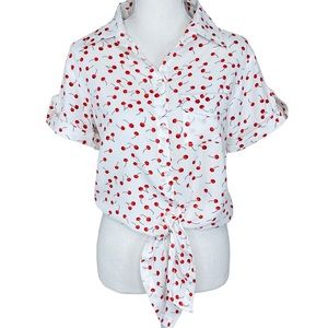 Japna Lightweight Cherry Print Roll Sleeve Tie Button Down Front Top Size S